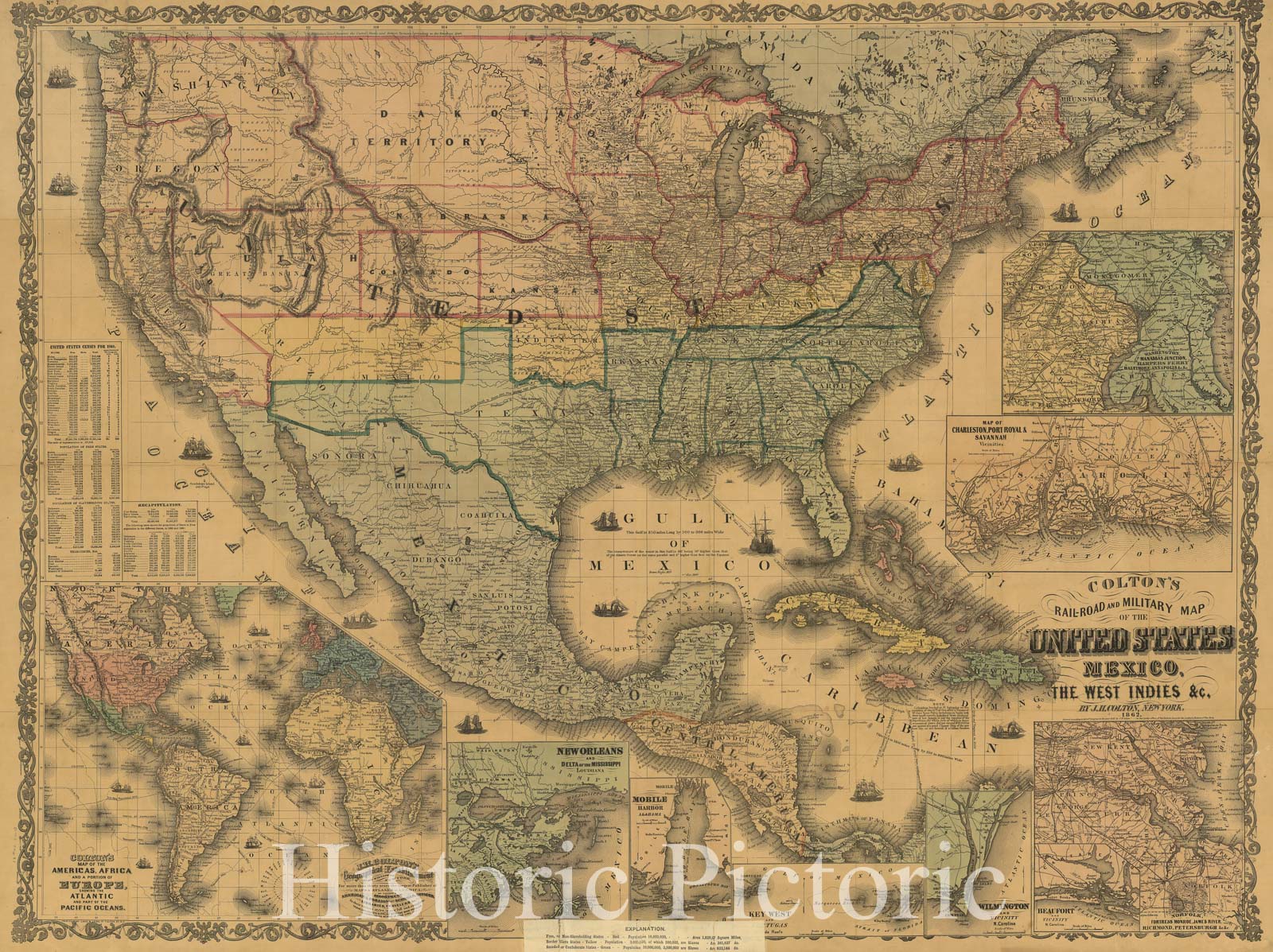 Historic 1862 Map - Colton's Rail-Road and Military map of The United States, Mexico, The West Indies, c.