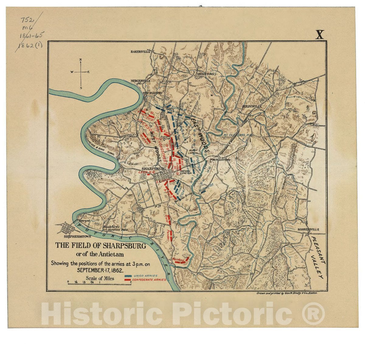 Historic 1898 Map - The Field of Sharpsburg or of The Antietam : Showing The Positions of The Armies at 3 p.m. on September 17, 1862