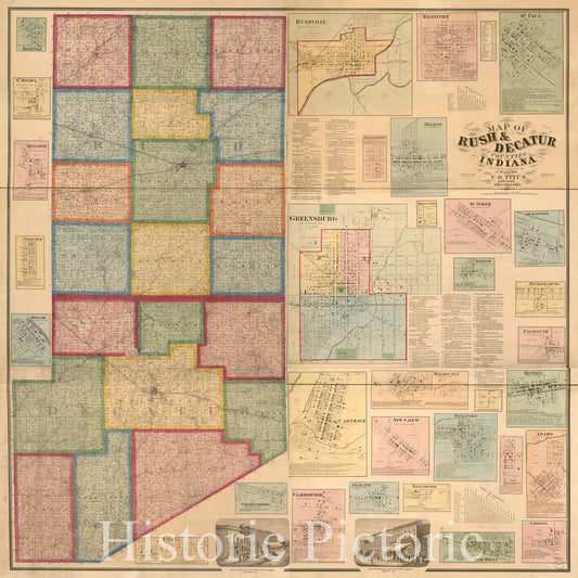 Historic 1867 Map - Map of Rush & Decatur Counties, Indiana