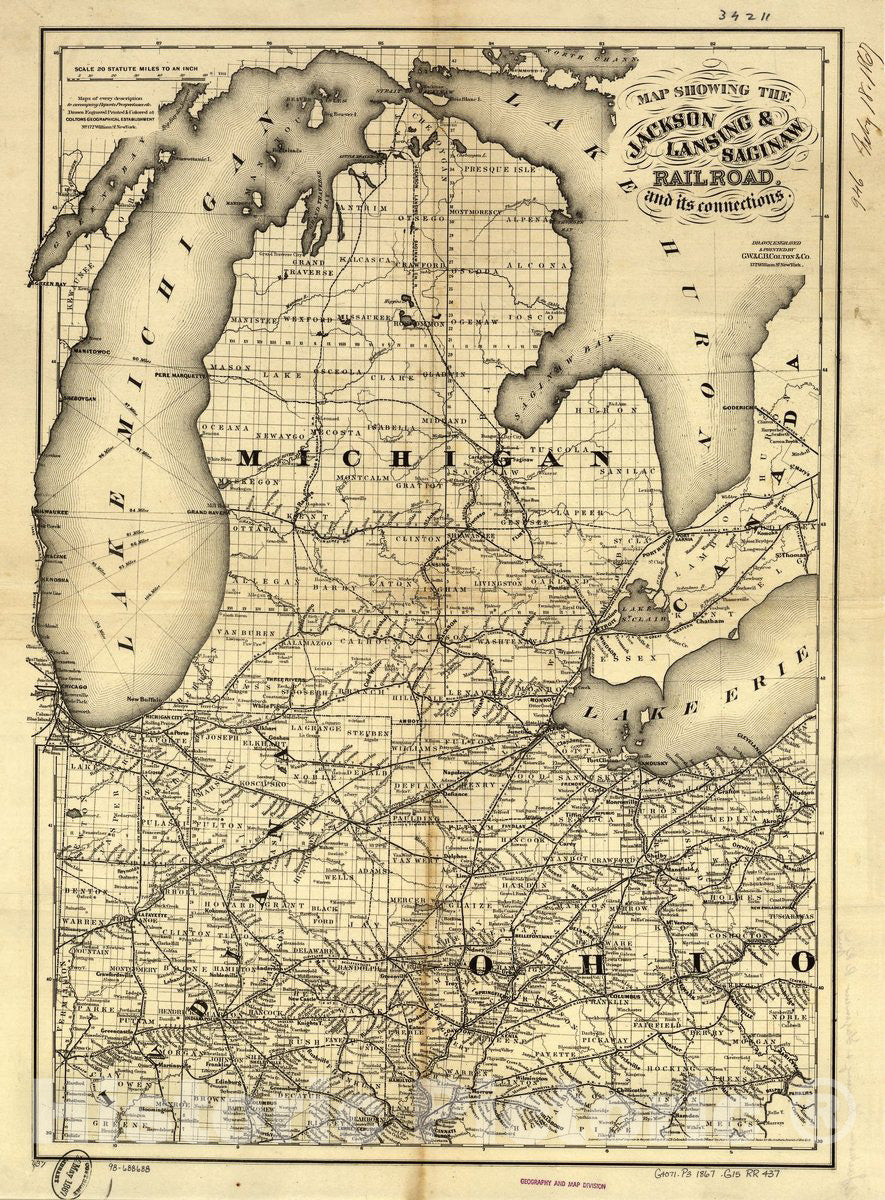 Historic 1867 Map - Map Showing The Jackson, Lansing & Saginaw Railroad and its Connections.