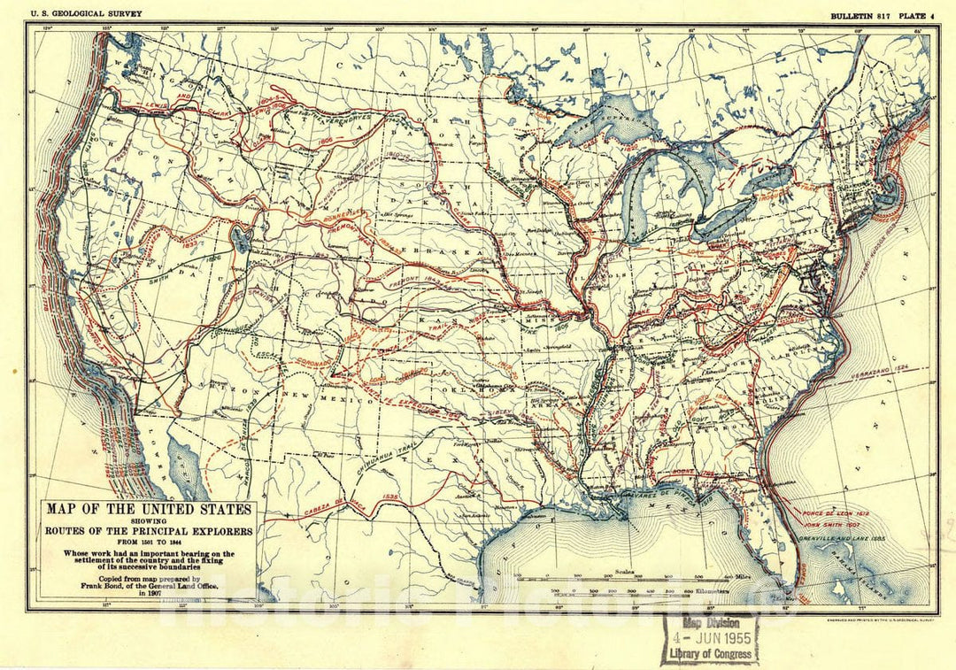 Historic 1907 Map - Map of The United States Showing Routes of Principal Explorers, from 1501 to 1844.