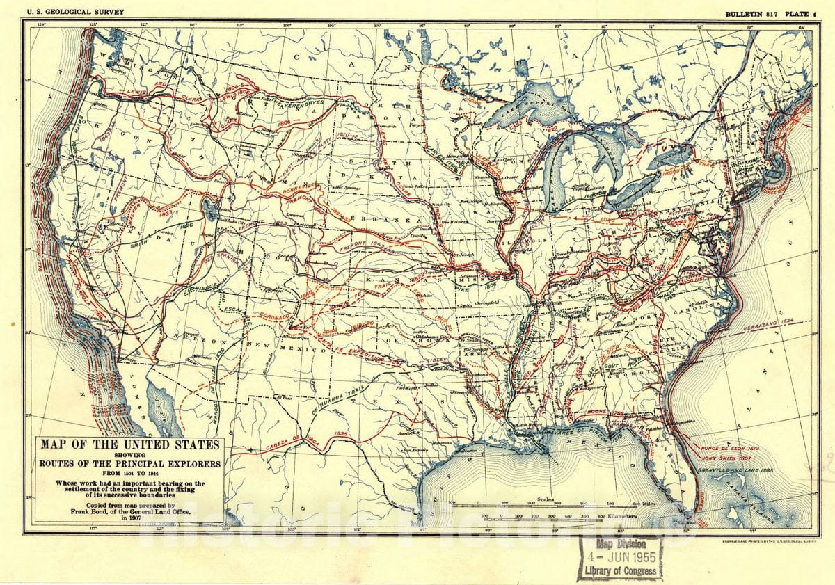 Historic 1907 Map - Map of The United States Showing Routes of Principal Explorers, from 1501 to 1844.
