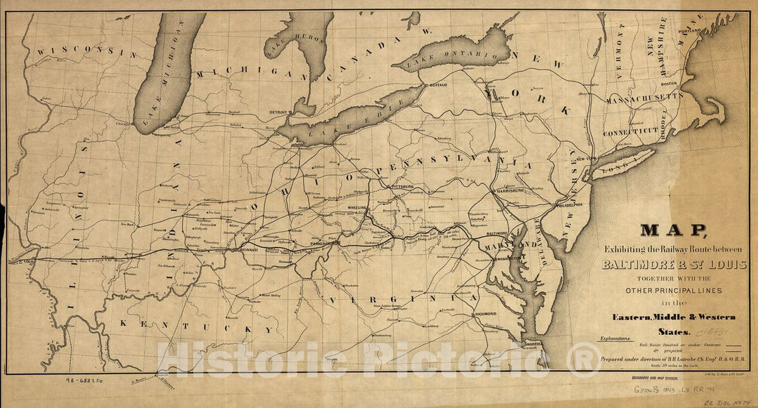 Historic 1843 Map - Map, exhibiting The Railway Route Between Baltimore & St. Louis, Together with The Other Principal Lines in The Eastern, Middle & Western States