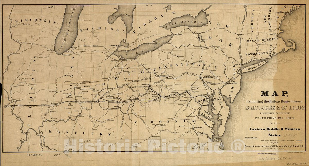 Historic 1843 Map - Map, exhibiting The Railway Route Between Baltimore & St. Louis, Together with The Other Principal Lines in The Eastern, Middle & Western States