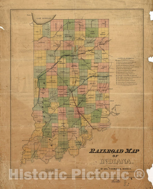Historic 1850 Map - Railroad map of Indiana, by Col. Thomas A. Morris, Civil Engineer,