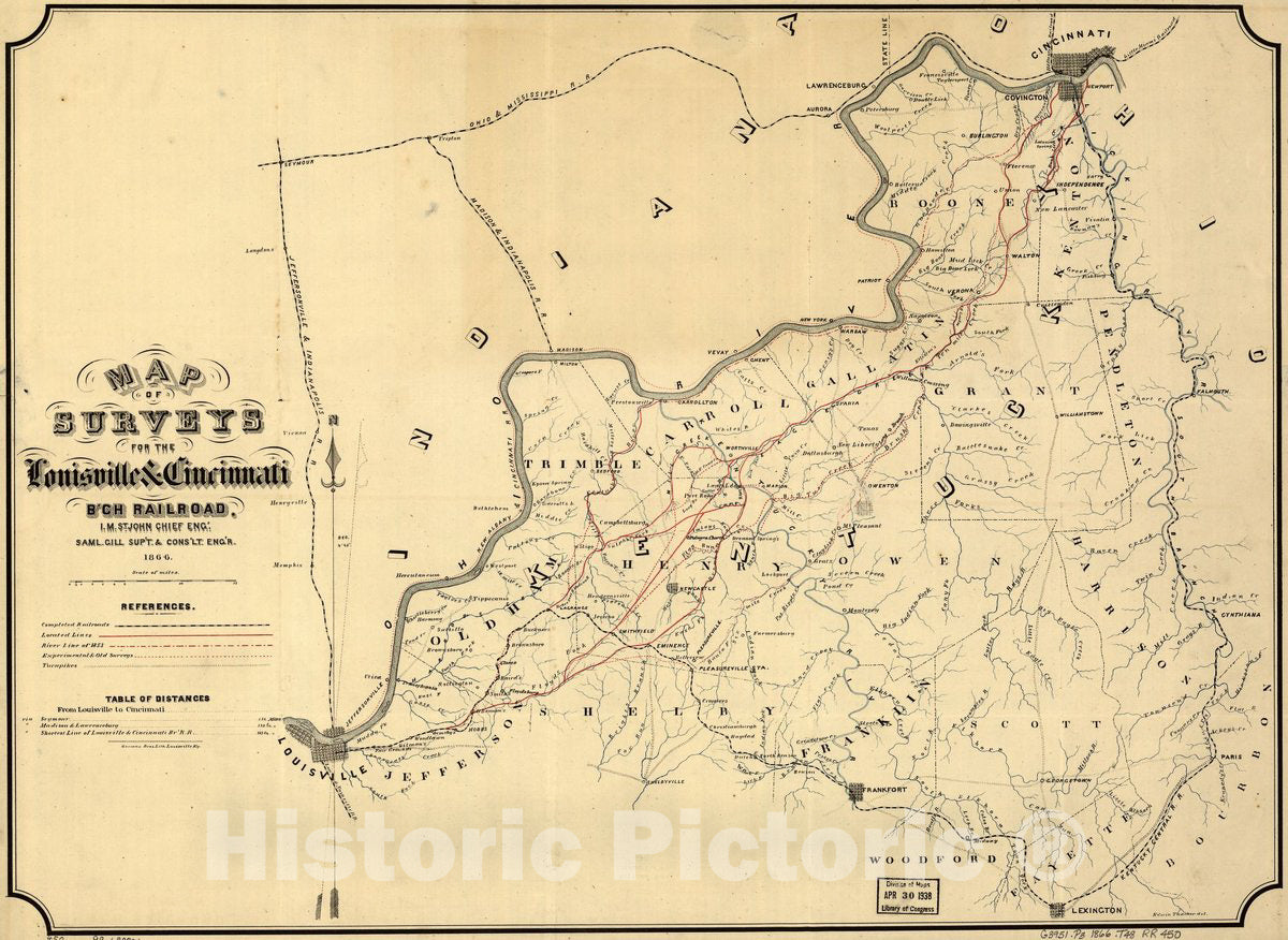 Historic 1866 Map - Map of surveys for The Louisville & Cincinnati B'ch Railroad; I. M. St. John, Chief Eng', 1866.
