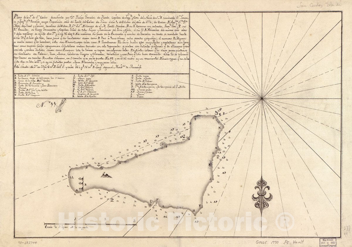 Historic 1770 Map - Plano de la Ya. de Sn. Carlos descubierta por Dn. Phelipe Gonzalez de Haedo, Capitan de Fragta. y Comte. del Navio. de S.M. nombrado Sn. Lorenzo y Frgta.
