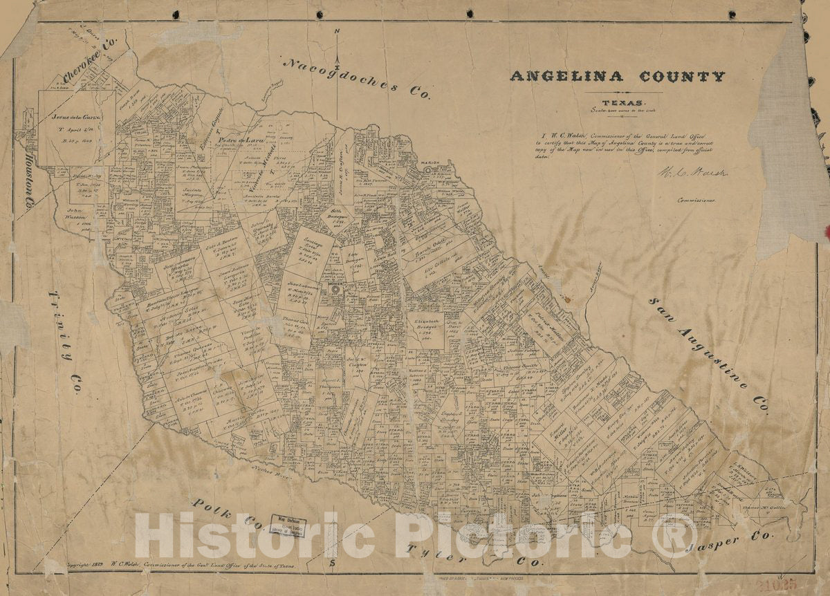 Historic 1879 Map - Angelina County, Texas.