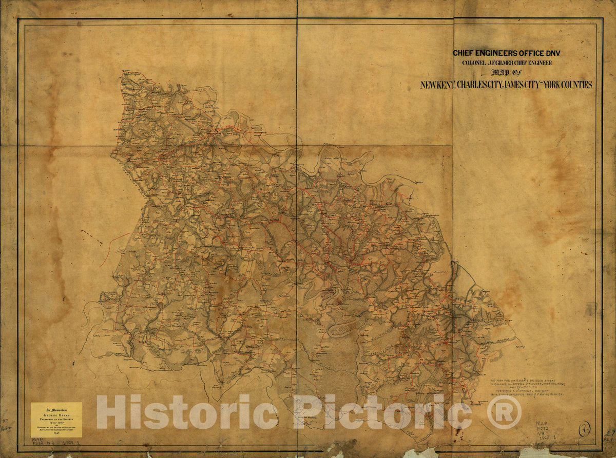 Historic 1863 Map - Map of New Kent, Charles City, James City and York Counties.