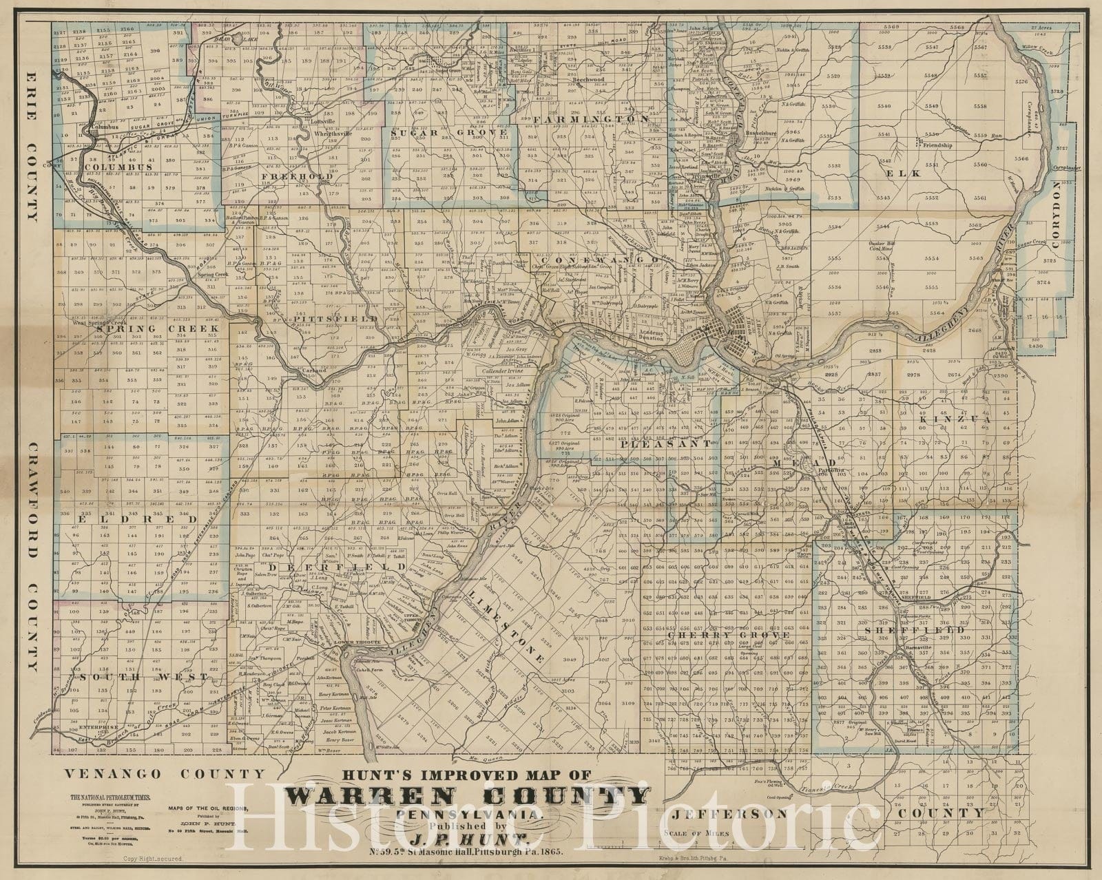 Historic 1865 Map - Hunt's Improved map of Warren County, Pennsylvania.