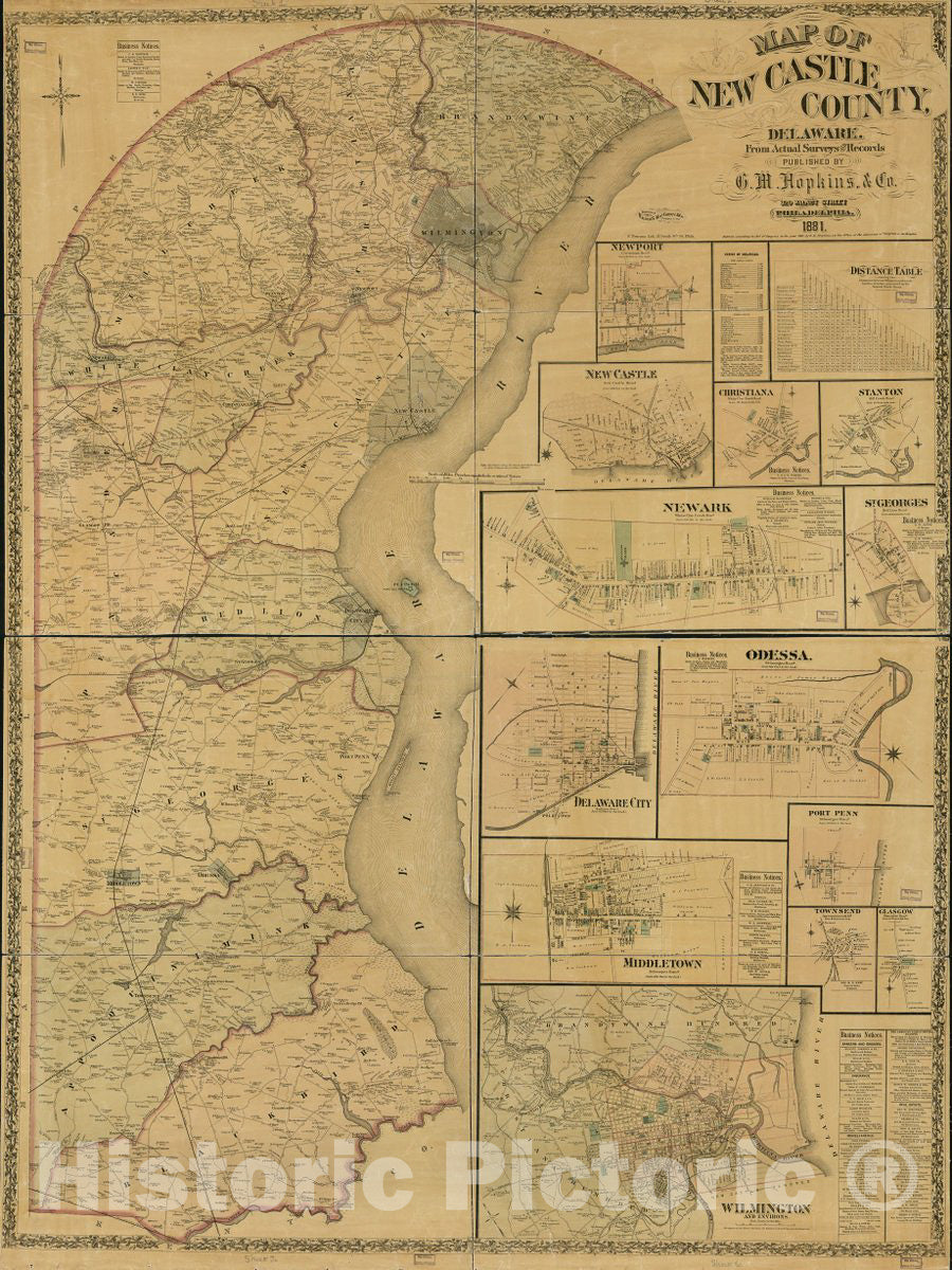 Historic 1881 Map - Map of New Castle County, Delaware : from Actual surveys & recotds