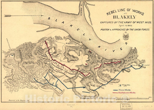 Historic 1865 Map - Rebel line of Works at Blakely Captured by The Army of West Miss, April 9, 1865 : Position & approaches by The Union Forces.