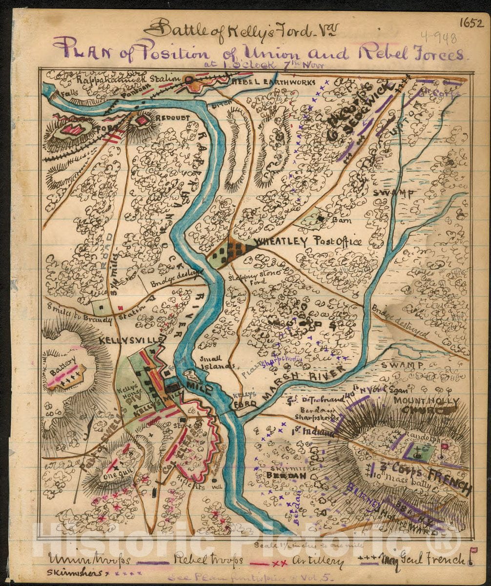 Historic 1863 Map - Battle of Kelly's Ford, Va. Plan of Position of Union and Rebel Forces at 1 o'clock 7th Nov.