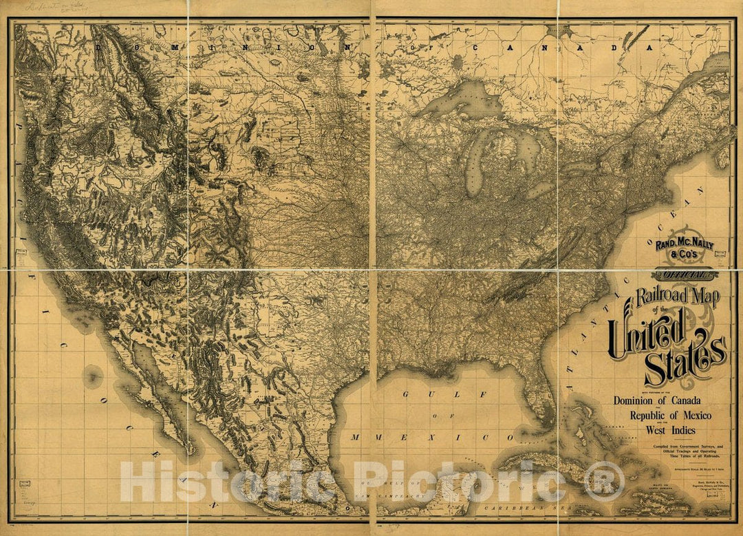 Historic 1893 Map - Rand, Mc.Nally & Co's Official Railroad map of The United States with portions of The Dominion of Canada, The Republic of Mexico, and The West Indies.