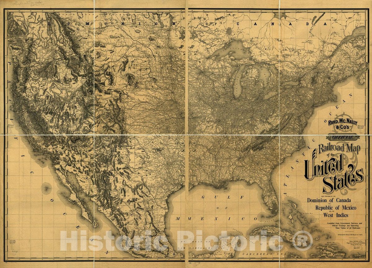 Historic 1893 Map - Rand, Mc.Nally & Co's Official Railroad map of The United States with portions of The Dominion of Canada, The Republic of Mexico, and The West Indies.