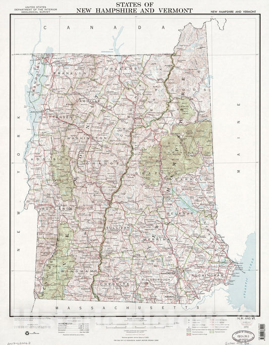 Historic 1972 Map - States of New Hampshire and Vermont : Base map with Highways and Contours, 1972