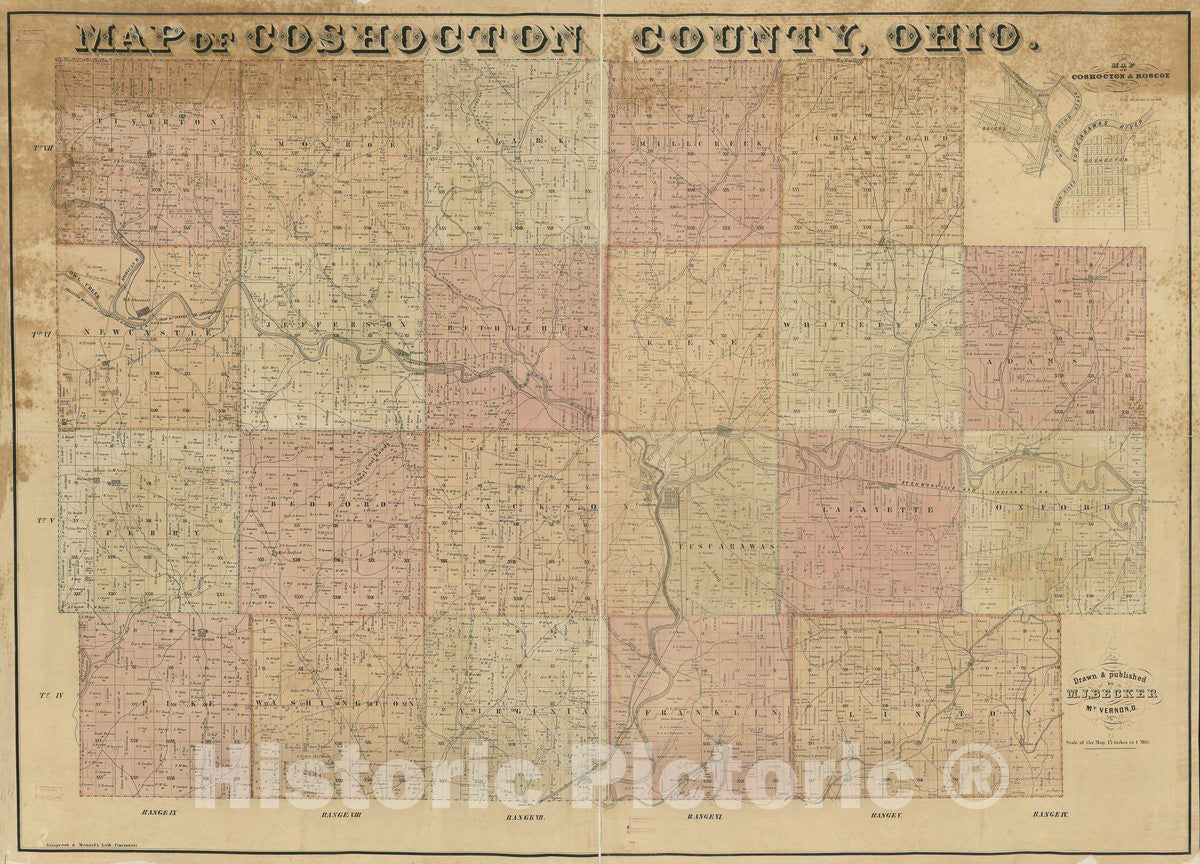 Historic 1850 Map - Map of Coshocton County, Ohio