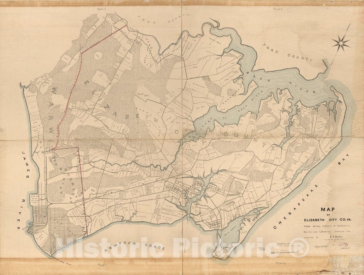 Historic 1892 Map - Map of Elizabeth City CO, VA. : from Actual surveys by E.A. Semple, Wm. Ivy and C. Hubbard