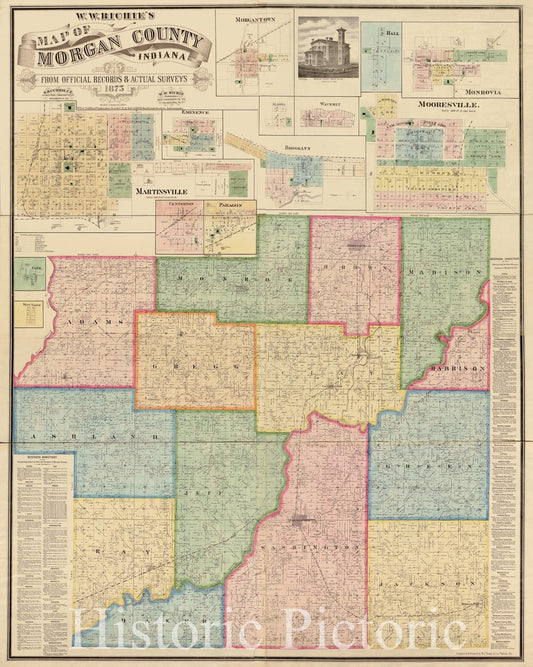 Historic 1875 Map - W. W. Richie's map of Morgan County, Indiana : from Official Records & Actual surveys