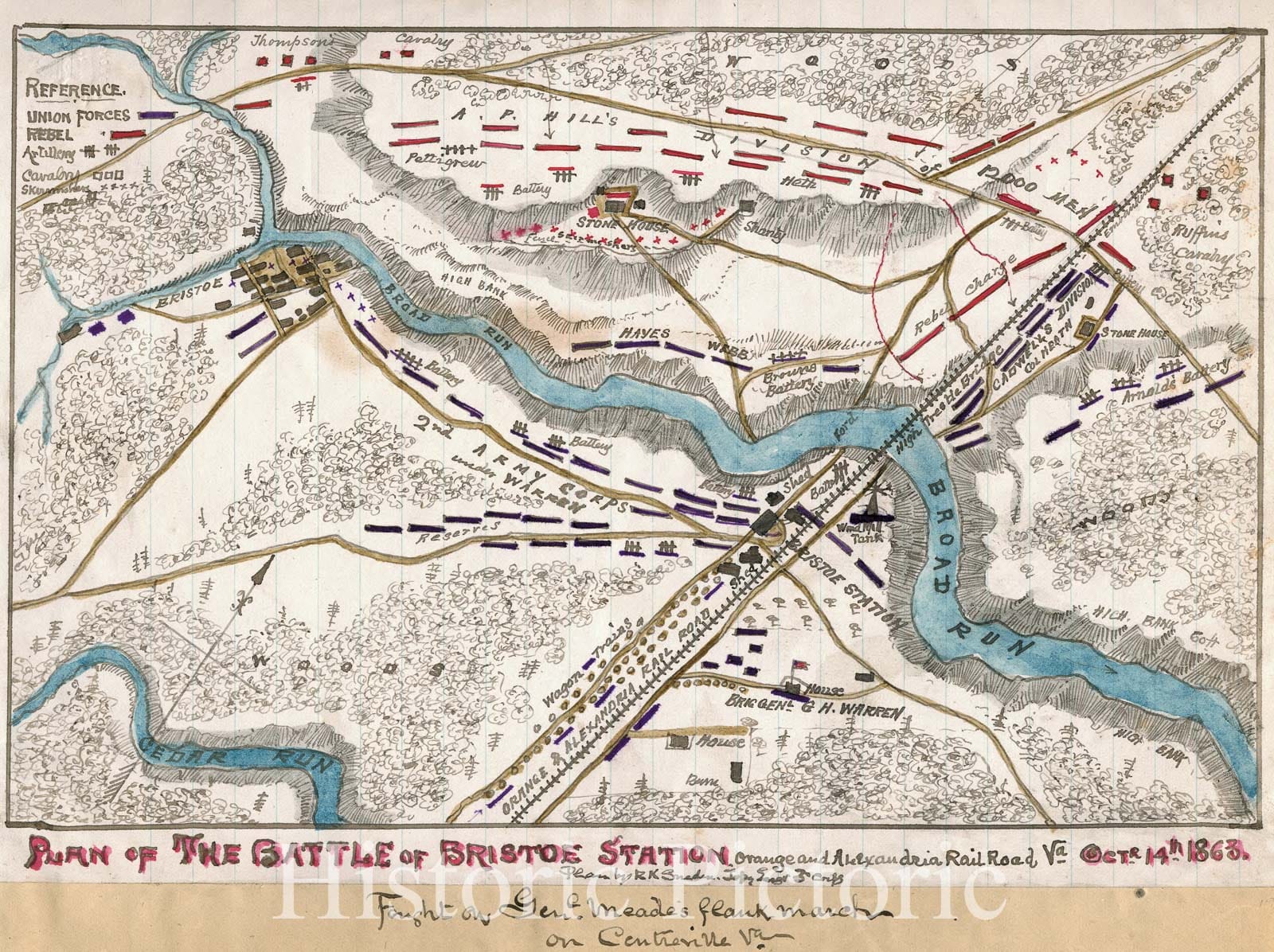 Historic 1863 Map - Plan of The Battle of Bristoe Station, Orange and Alexandria Railroad, Va, Octr. 14th 1863.