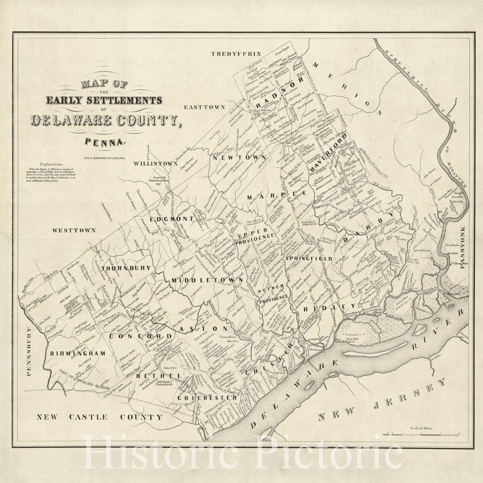 Historic 1790 Map - Map of The Early settlements of Delaware County, Penna.