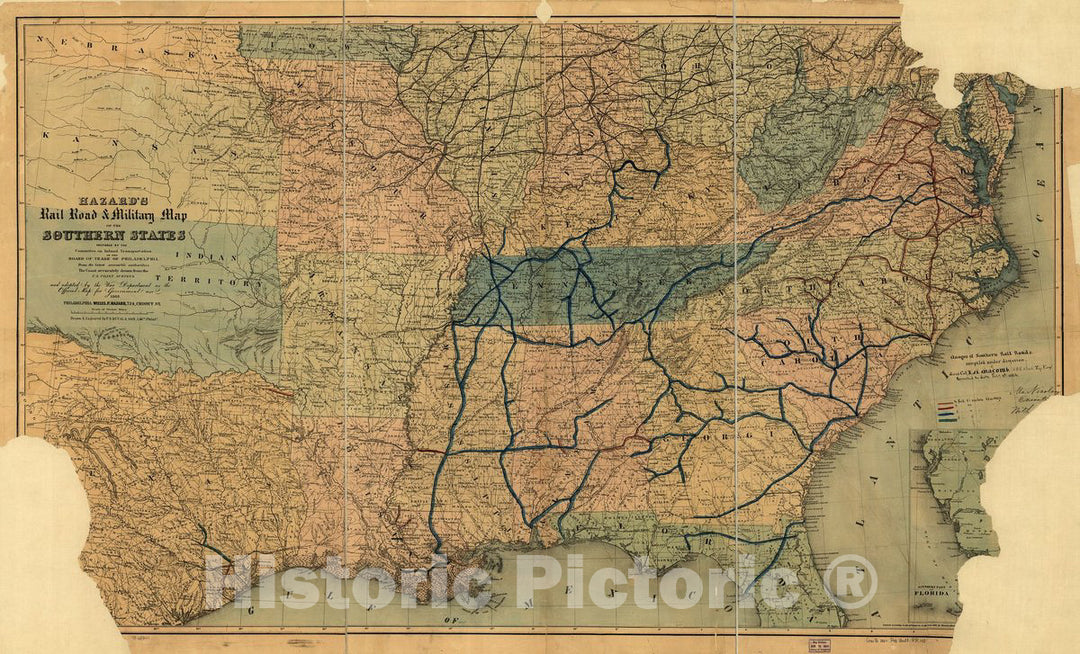 Historic 1863-1864 Map - Hazard's Rail Road & Military map of The Southern States.