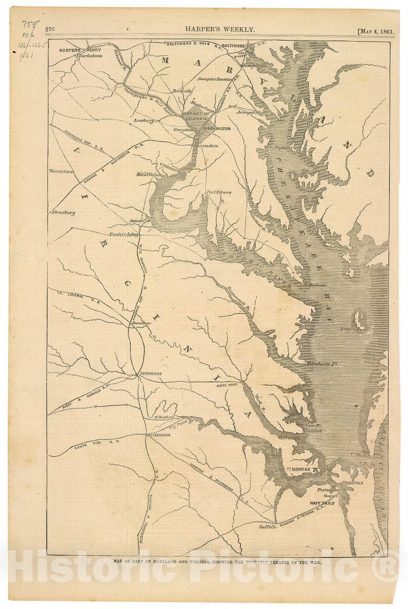 Historic 1861 Map - Map of Part of Maryland and Virginia : Showing The probable Theatre of The war.