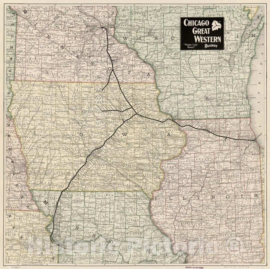 Historic 1897 Map - Chicago Great Western Railway;Maple Leaf Route;