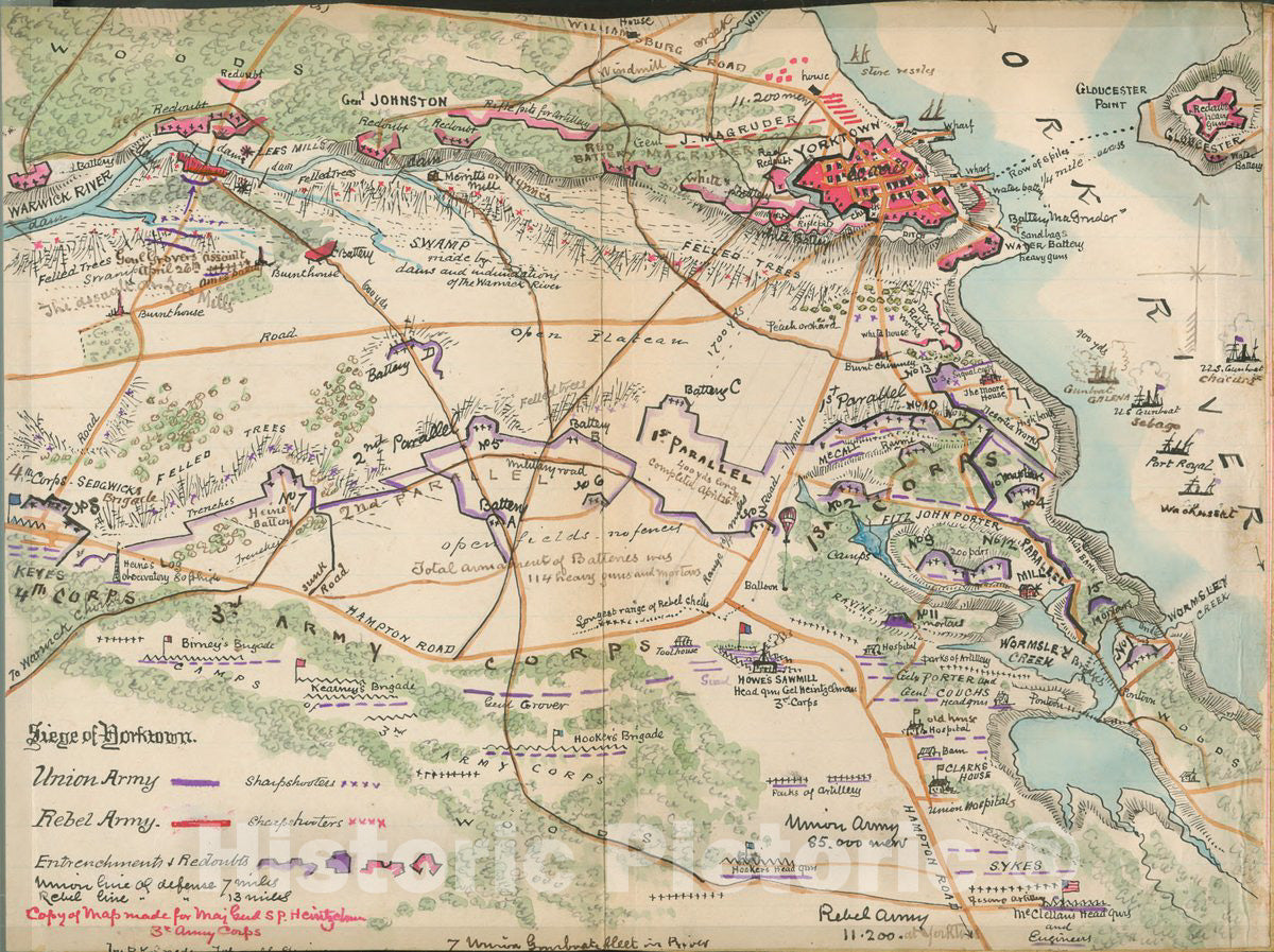 Historic 1862 Map - Siege of Yorktown Virginia.