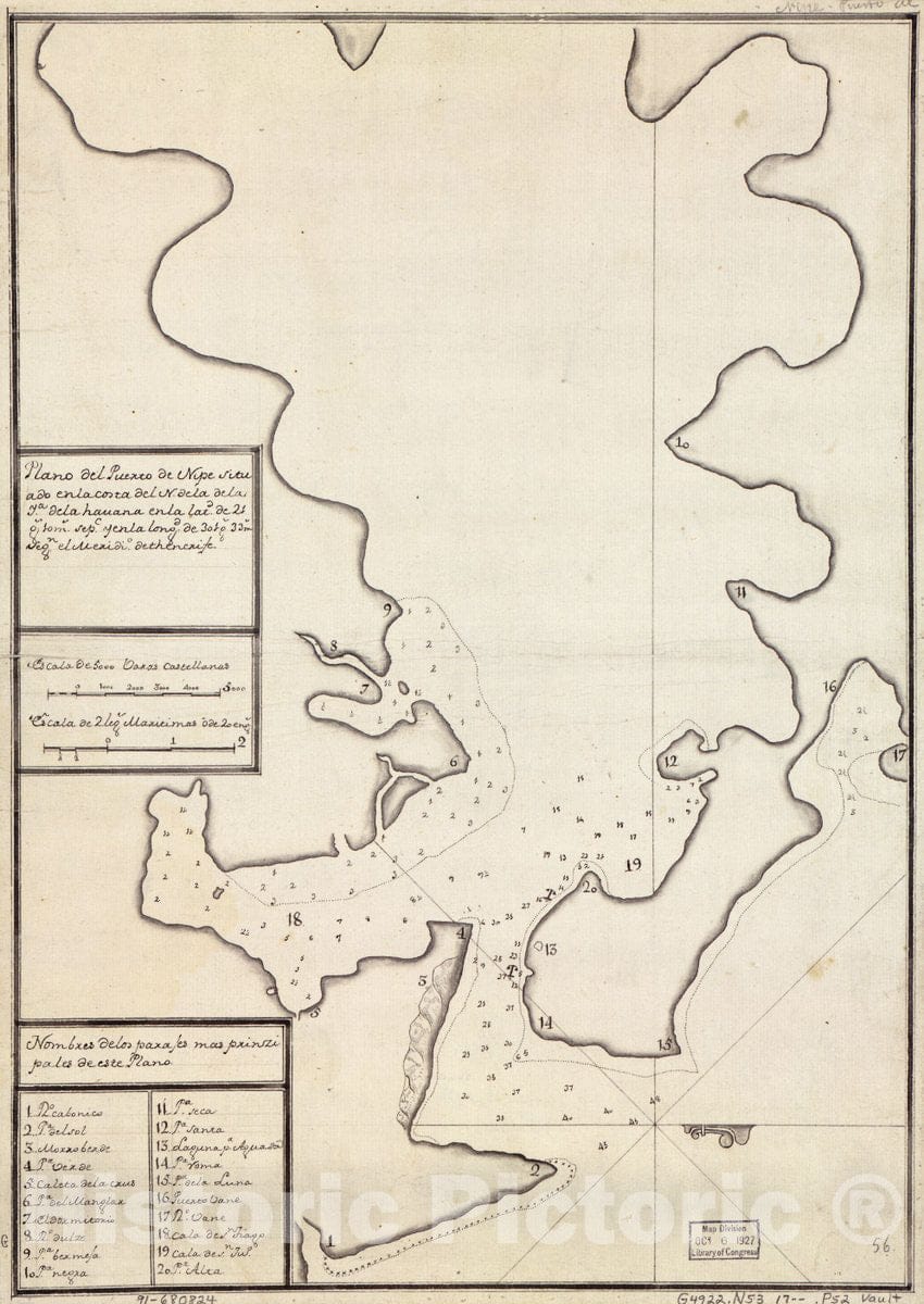 Historic 1700 Map - Plano del Puerto de Nipe situado en la Costa del N. de la de la sic ya. de la Havana en la latd