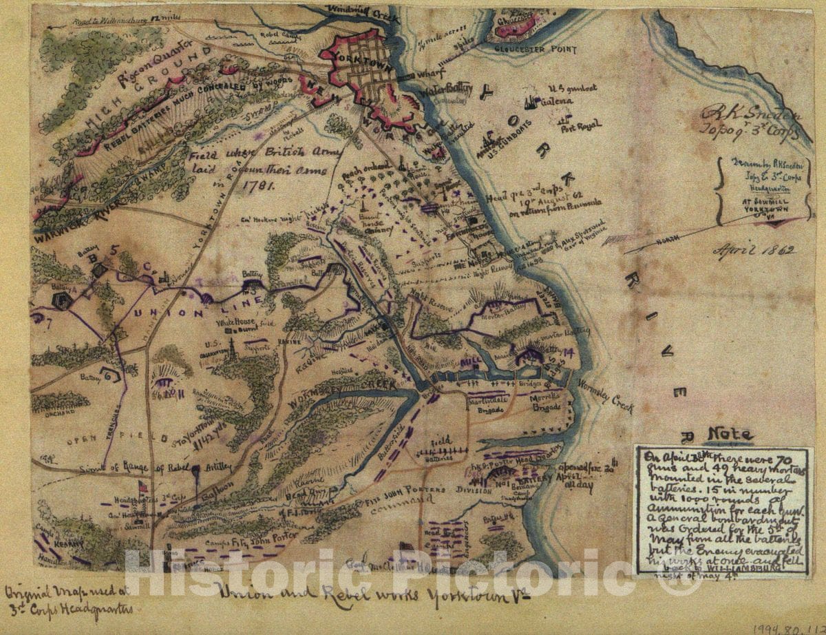Historic 1862 Map - Union and Rebel Works Yorktown, Va. 1862