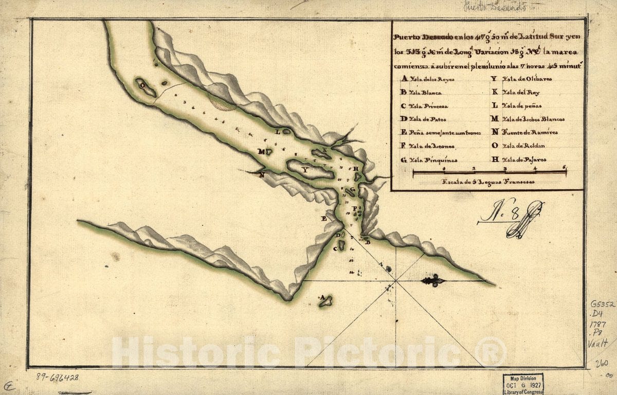 Historic 1787 Map - Puerto Deseado en Los 47 gs. 50 ms. de latitud sur y en Los 313 gs. 16 ms. de longd, variaciÃ³n 18 gs. N.E. la Marea comienza Ã  subir en el plenilunio Ã  las 7 hors.