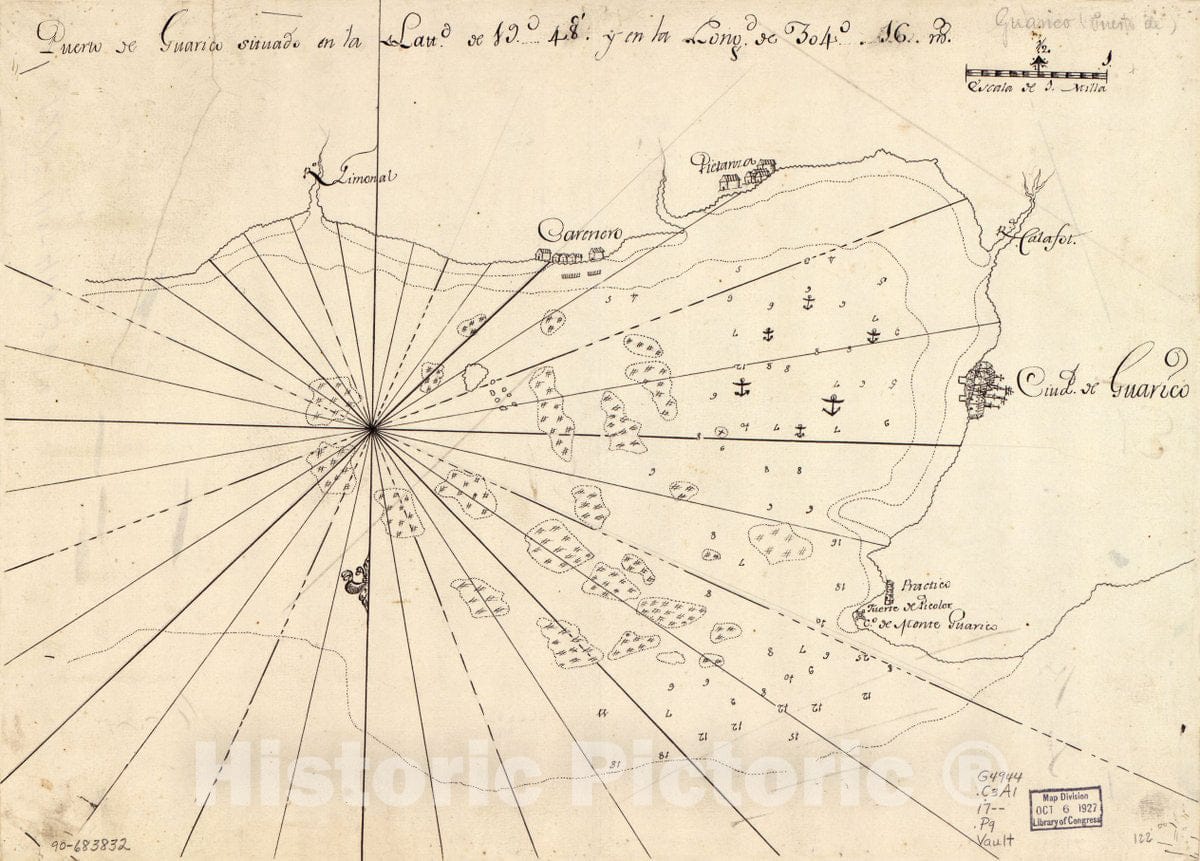 Historic 1700 Map - Puerto de GuÃ¡rico situado en la lattd. DE 19Â°48 y en la longd. de 304Â°16 ms.