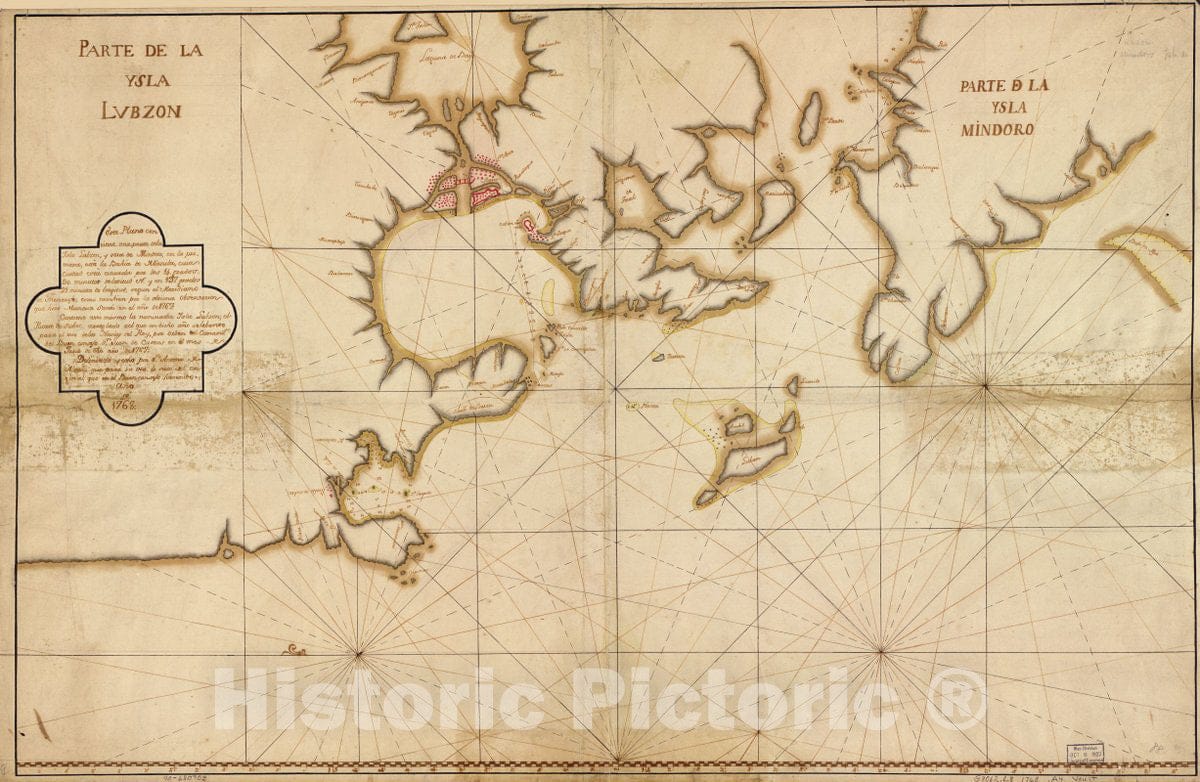 Historic 1768 Map - Este Plano con tiene UNA Parte de la Ysla Lubzon y otra de Mindoro en la primora, esta la BahÃ­a de Manila