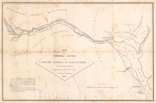 Historic 1839 Map - Map of The Potomac River from South Lowell to Alexandria with The lateral canals