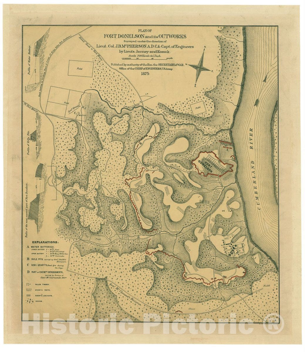 Historic 1875 Map - Plan of Fort Donelson and its outworks