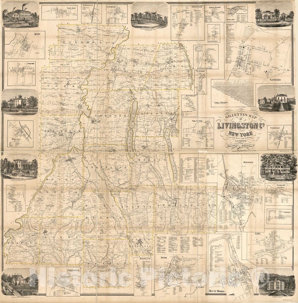 Historic 1858 Map - Gillette's map of Livingston Co, New York : from Actual surveys