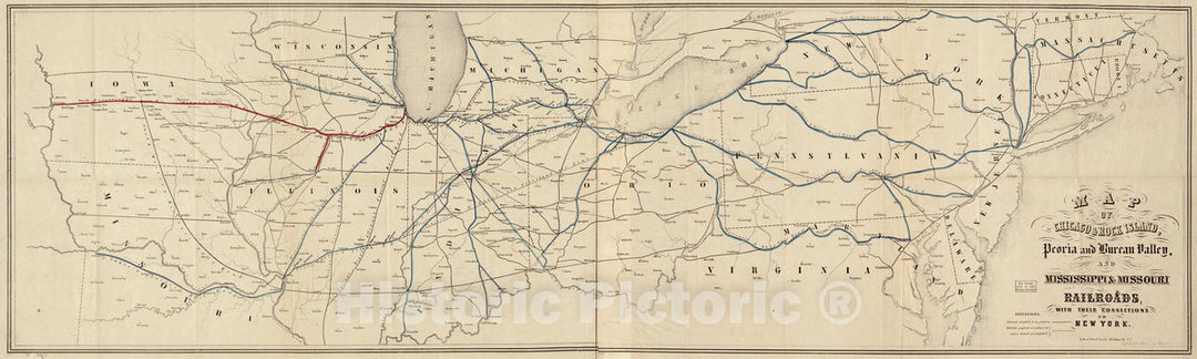 Historic 1852 Map - Map of Chicago & Rock Island, Peoria and Bureau Valley, and Mississippi & Missouri Railroads; with Their Connections to New York.