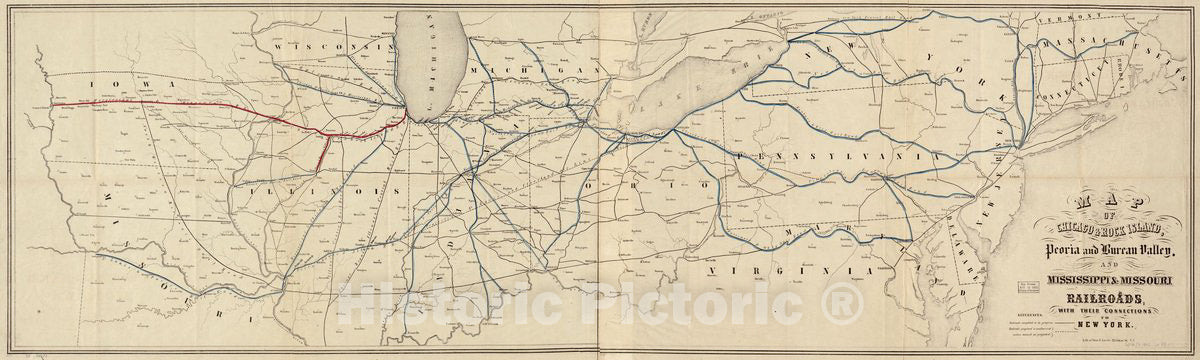 Historic 1852 Map - Map of Chicago & Rock Island, Peoria and Bureau Valley, and Mississippi & Missouri Railroads; with Their Connections to New York.