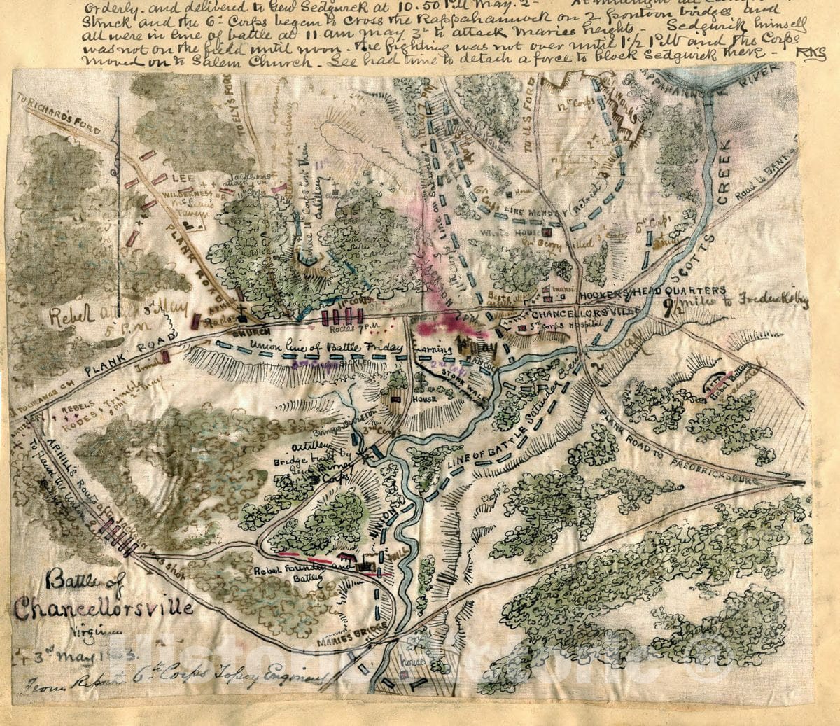 Historic 1863 Map - Battle of Chancellorsville Virginia 2nd & 3rd May 1863.
