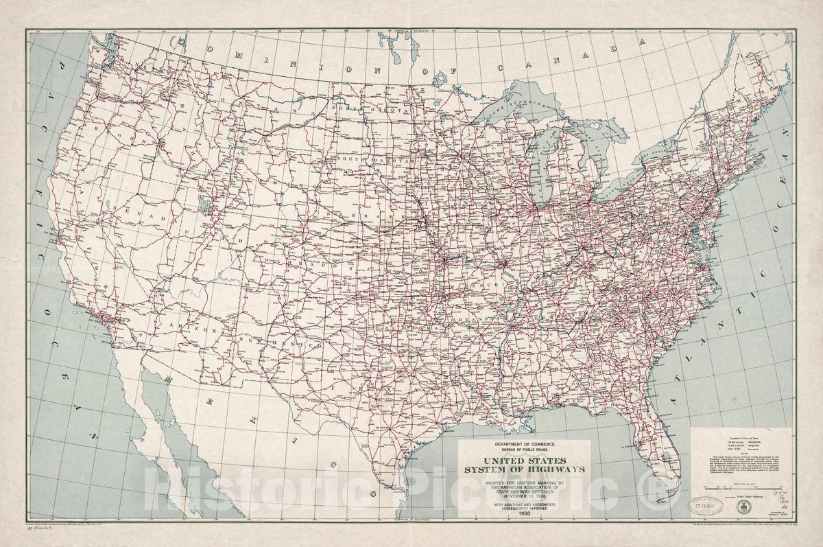 Historic 1950 Map - United States System of Highways, Adopted for Uniform Marking by The American Association of State Highway Officials, November 11, 1926