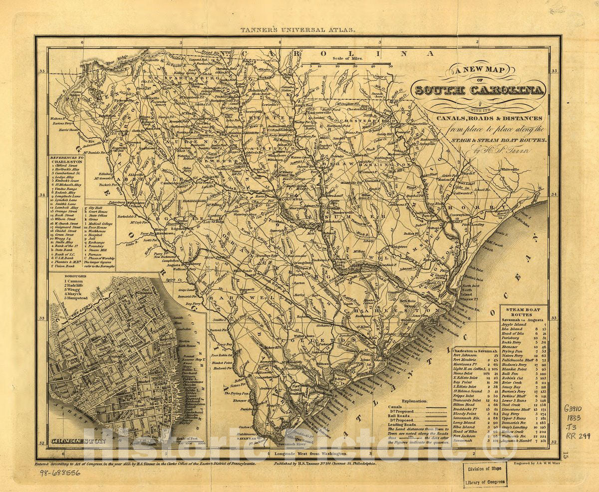 Historic 1836 Map - A New map of South Carolina with its canals, Roads & Distances from Place to Place Along The Stage & Steam Boat Routes.