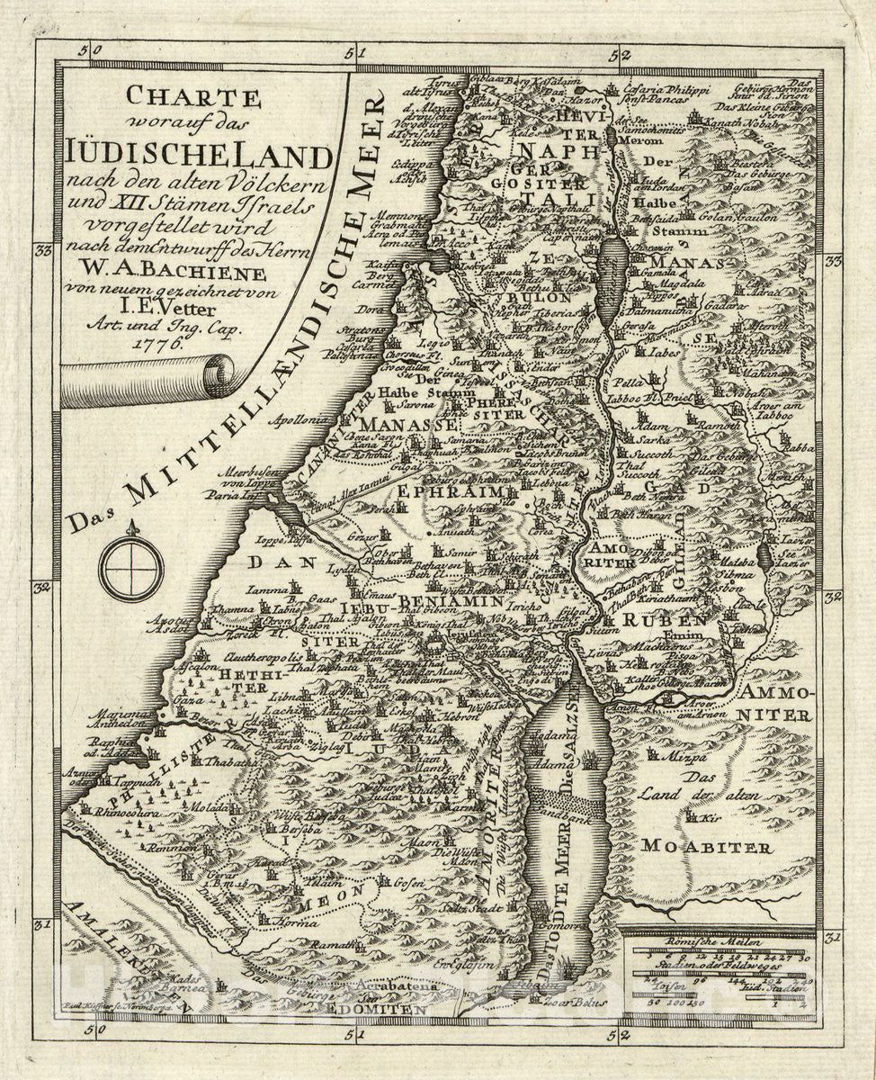 Historic 1776 Map - Charte worauf das LÃ¼discheland : nach den Alten VÃ¶lckern und XII StÃ¤men Israels vorgesstellet Wird nach dem entwurff des Herrn W.A. Bachiene