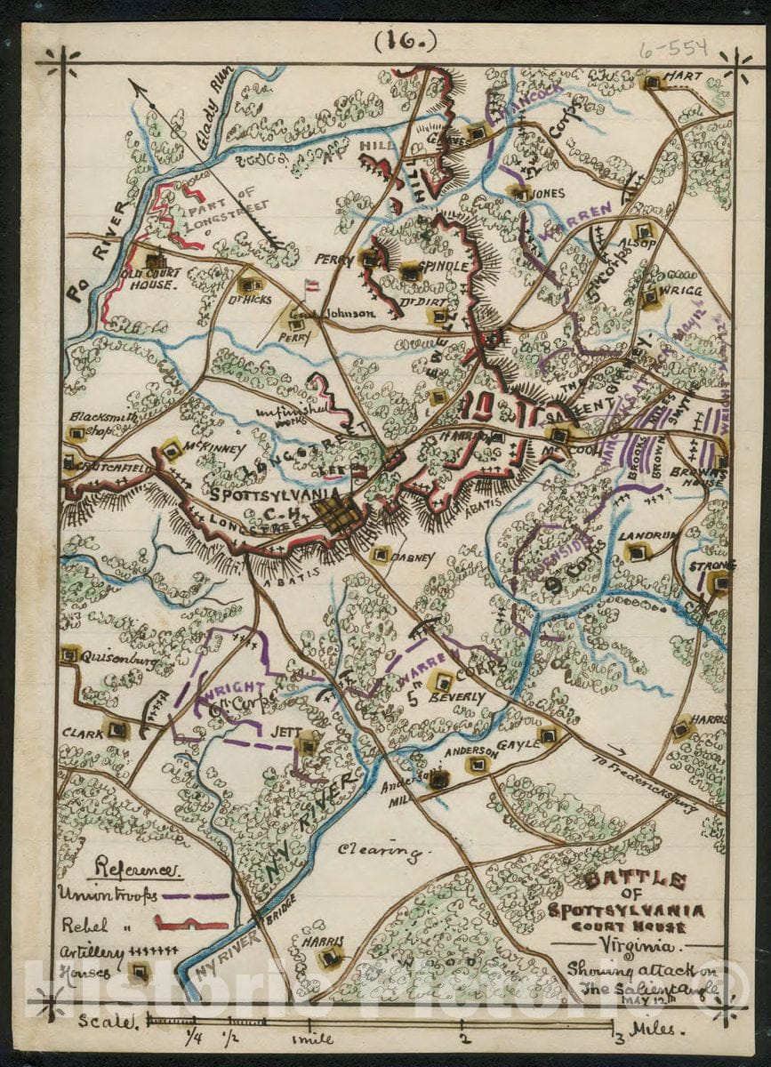 Historic 1864 Map - Battle of Spotsylvania Courthouse, Virginia Showing Attack on The salient Angle May 12th.