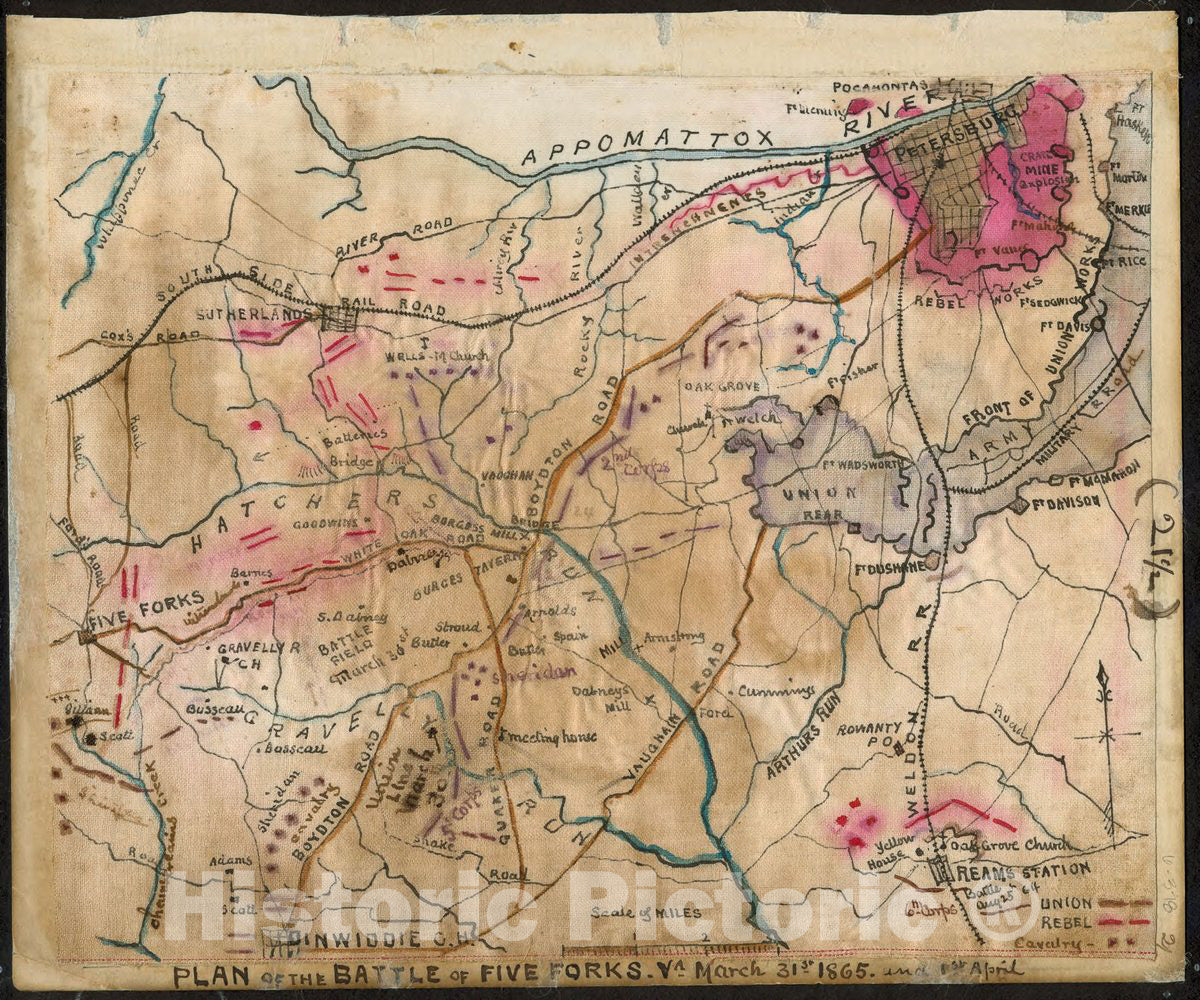 Historic 1865 Map - Plan of The Battle of Five Forks, Va, March 31st 1865 and 1st April.