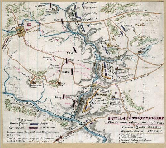 Historic 1862 Map - Battle of Beaverdam Creek Va, Chickahominy River, June 27th 1862
