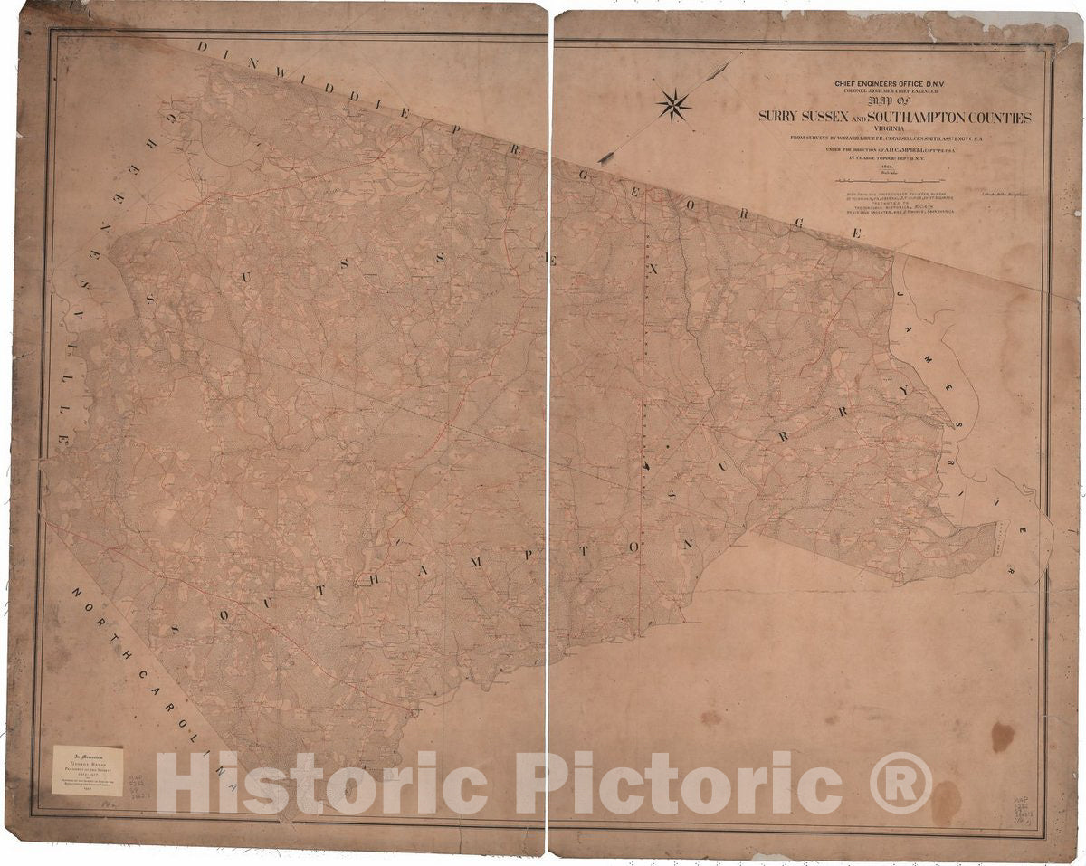 Historic 1863 Map - Map of Surry, Sussex and Southampton Counties, Virginia.