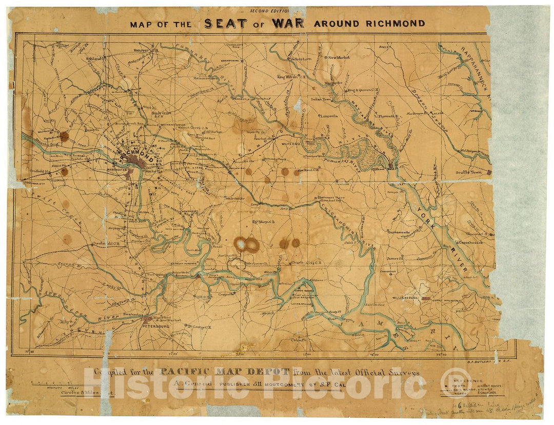 Historic 1862 Map - Map of The seat of war Around Richmond