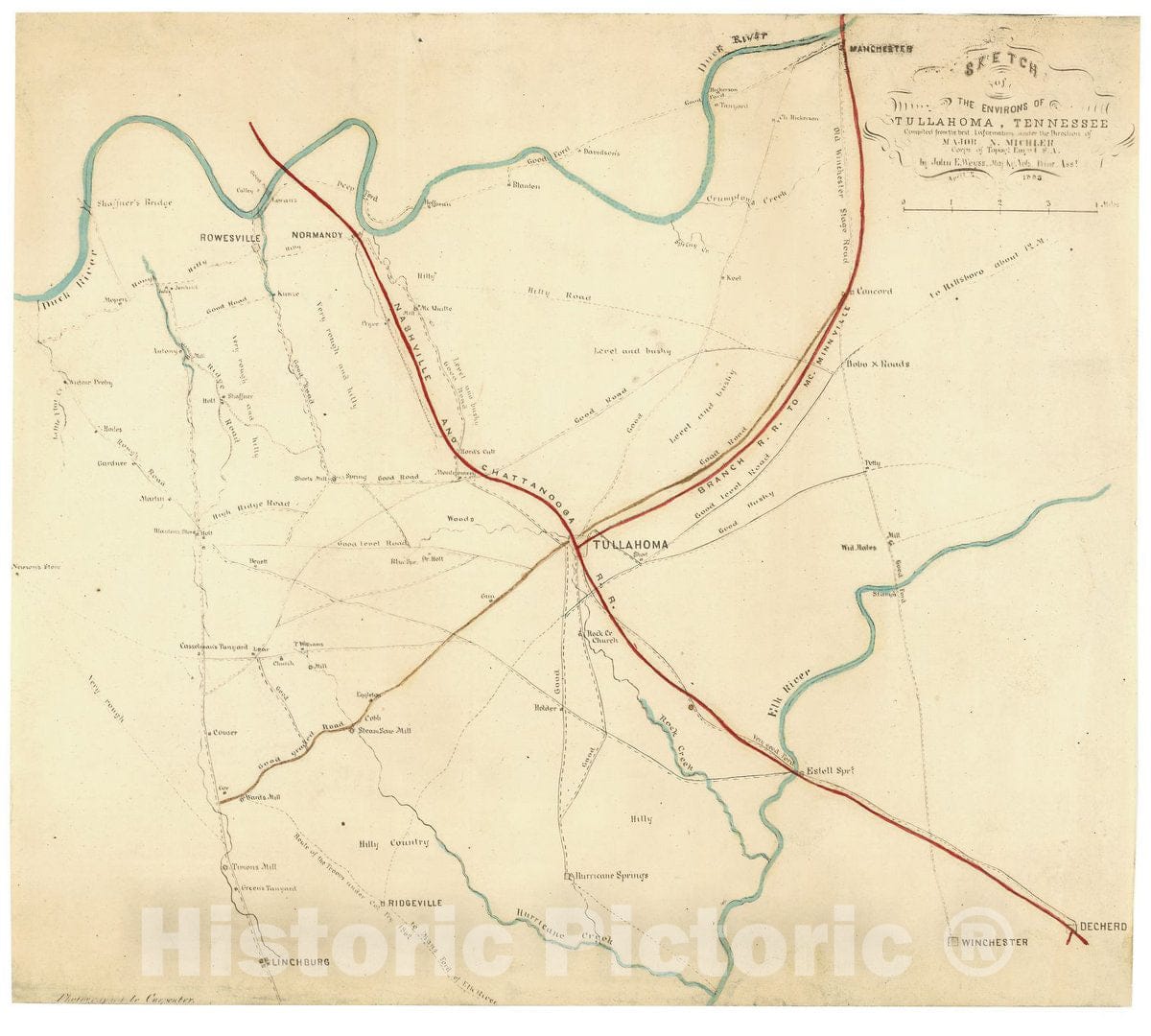 Historic 1865 Map - Sketch of The Environs of Tullahoma, Tennessee