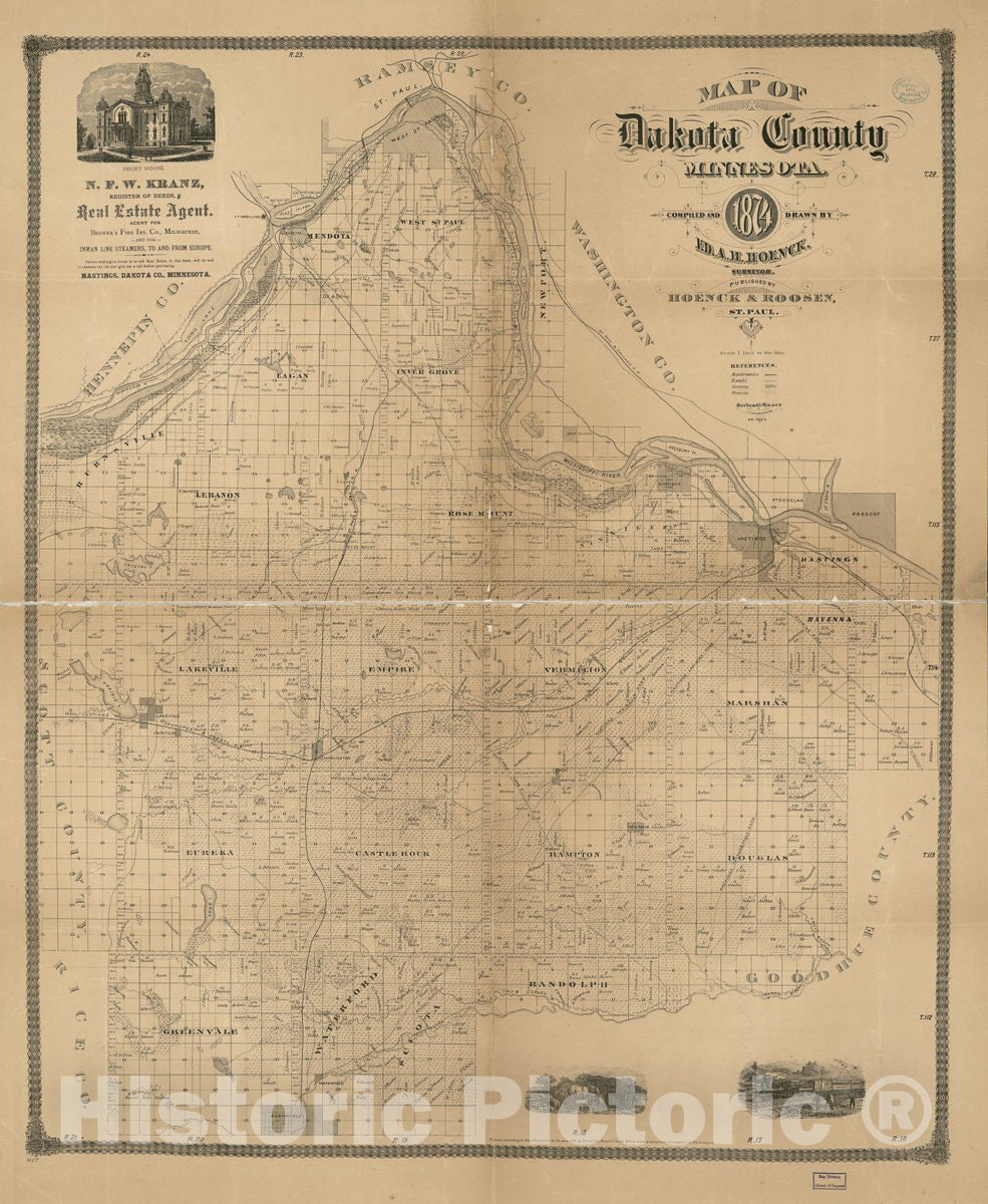 Historic 1874 Map - Map of Dakota County, Minnesota